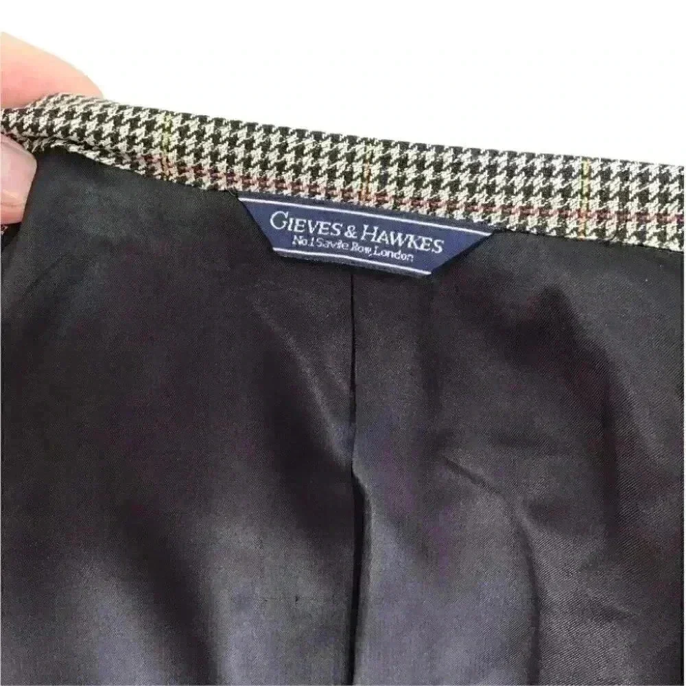 Gieves & Hawkes Men 43 R Houndstooth 2 Button Bespoke Blazer Silk Wool Black Tan